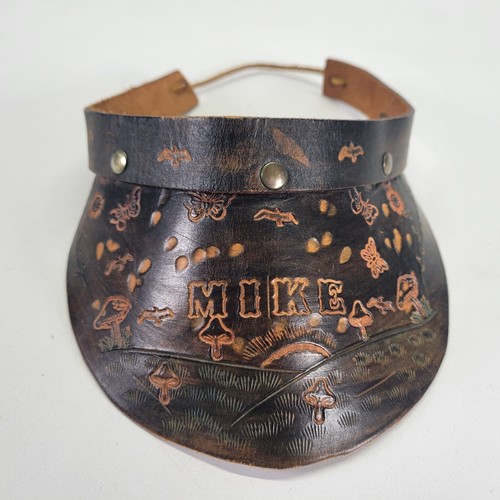 Mike Leather Visor Hat Cap Magic Mushroom Bird Butterfly Flower Sun Tooled Vtg - Picture 2 of 10