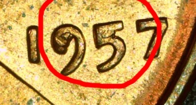 1957 RED Lincoln Wheat Penny - Obverse Die Chips on Date - RED