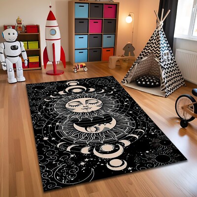 Sun and Crescent Moon Rug Zodiac Carpet Meditation Mat Black Space Decor
