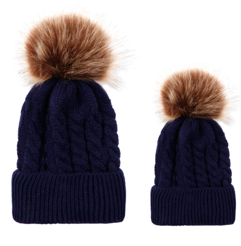 Encantador 2PCS Mammy Baby Set Winter Warm Knitted Chunky With Pom Pom Faux Fur Hats - Imagen 8 de 17