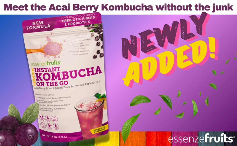 Mezcla de té en polvo Acai Kombucha - Solo agrega agua - Probióticos y prebióticos - 8 OZ Foto 3 de 4