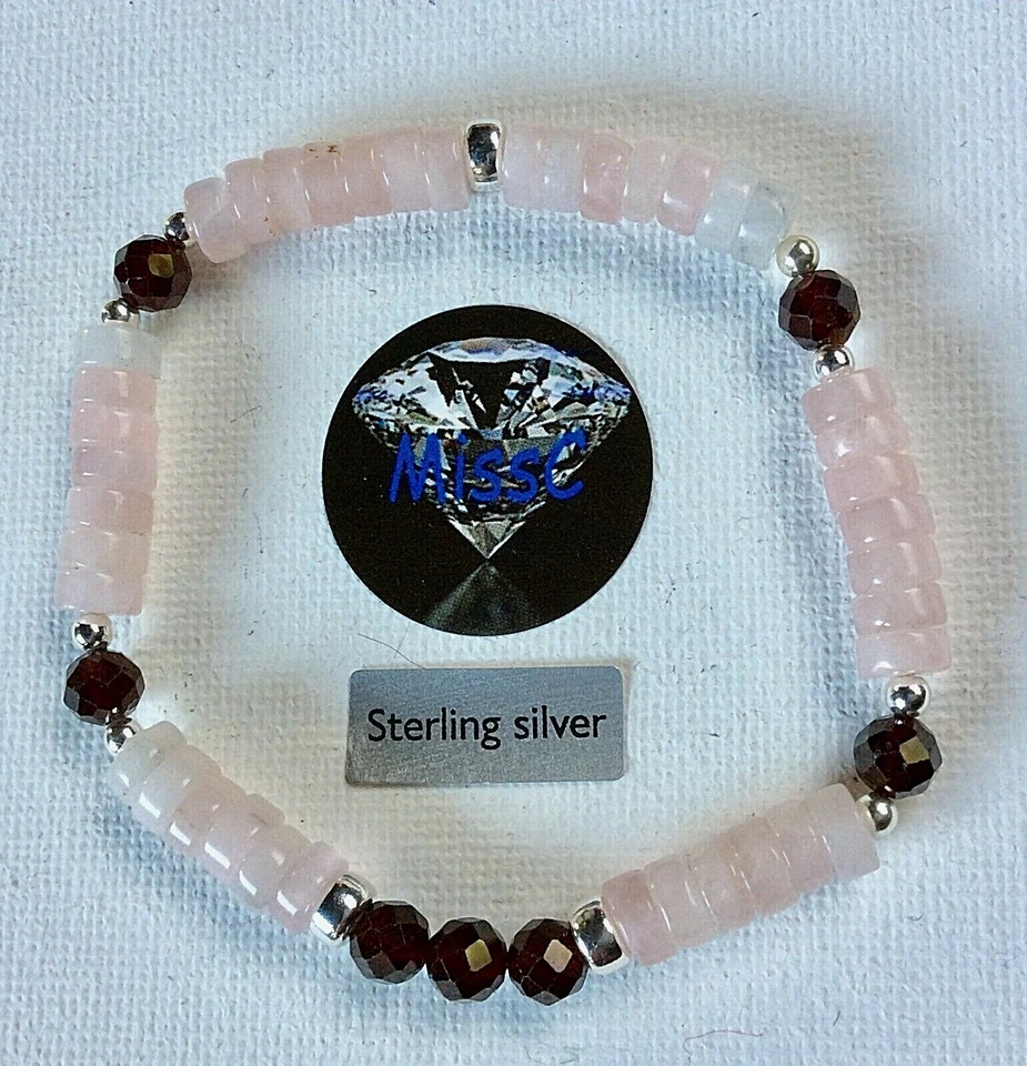 GARNET and ROSE QUARTZ 925 STERLING SILVER BRACELET HANDMADE BY MISSC - Image 4 of 4