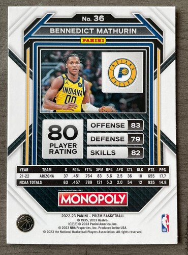 2022 Panini Prizm Monopoly Bennedict Mathurin Rookie RC #36 Indiana Pacers - Bild 2 von 2