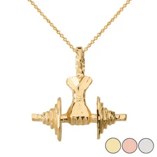 Gold Bodybuilding Lifting Barbell 3D Pendant Necklace (Yellow/Rose/White)