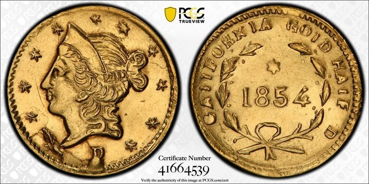 1854 50C 1/2Dollar Fractional Gold Coin BG-423 R-6 PCGS Genuine UNC details Plug