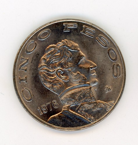 Moneda México 5 Pesos 1976 KM 472 Fecha Grande UNC Sin Circular - Imagen 2 de 3