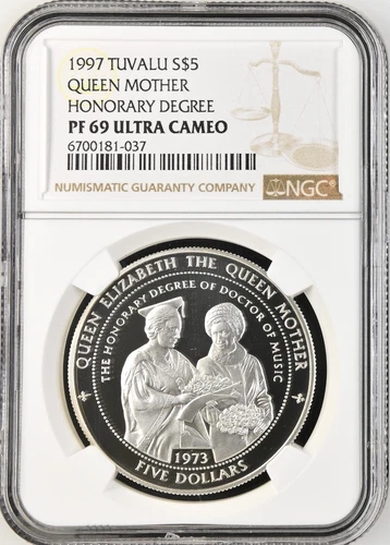 1997 Tuvalu 5 Dollars QUEEN MOTHER Honorary Degree Silver Proof NGC PF69 UC