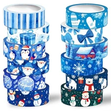 Winter Washi Tape Set,12 Rolls Blue Snowman Holiday Decorative Tape Xmas Ball 