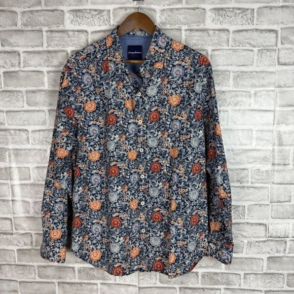 Tommy Bahama Primary Navy Colorful Floral Long Sleeve Button up Shirt Mens LARGE - Image 2 of 4