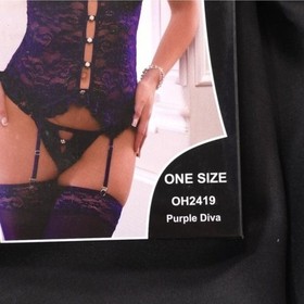 G World Intimates Purple Lace Corset Lingerie Set Thong Stockings One Size 3pc
