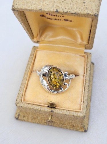 Vintage grüner Bernstein Sterlingsilber Blätter Ring-Größe 9