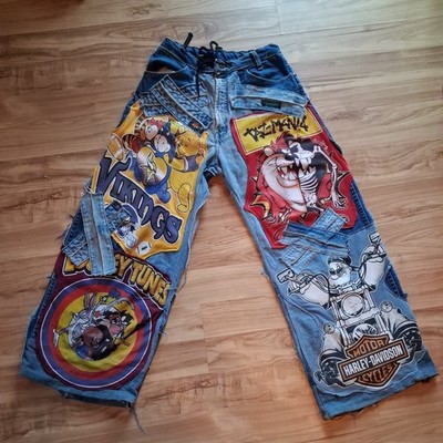 Baggy Designer Jeans M Looney Tunes Vikings Upcycle One Of A Kind Patchwork BOHO