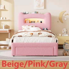 Twin Size Upholstered Platform Bed Frames for Kids Storage Drawer Led Headboard