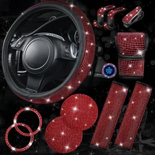 Red Bling Steering Wheel Cover Set 11 PCS for Women - Rhinestone Car Accessories