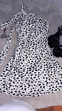 Women's White/Black Spotted Halter Tie Neck Fit & Flare Mini Dress, Polyester M