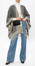 Women's reversible Wrap Cape Fringe Shawl Kimono poncho, beige gray one size