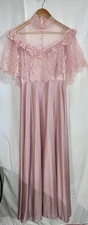 JCPenney Vintage Dress Prairie Boho Pink Mauve Lace Sheer Sleeves Size 13/14 USA