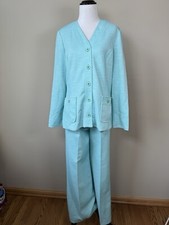 Vintage HBW 70s Medium Suit Set Women's Aqua Blue Button Blazer Wide Leg Pants