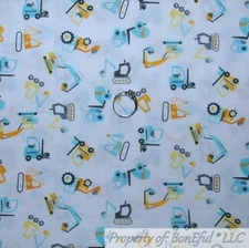 BonEFul Fabric FQ Cotton Quilt White Blue Orange Yellow Boy Digger Tractor Truck