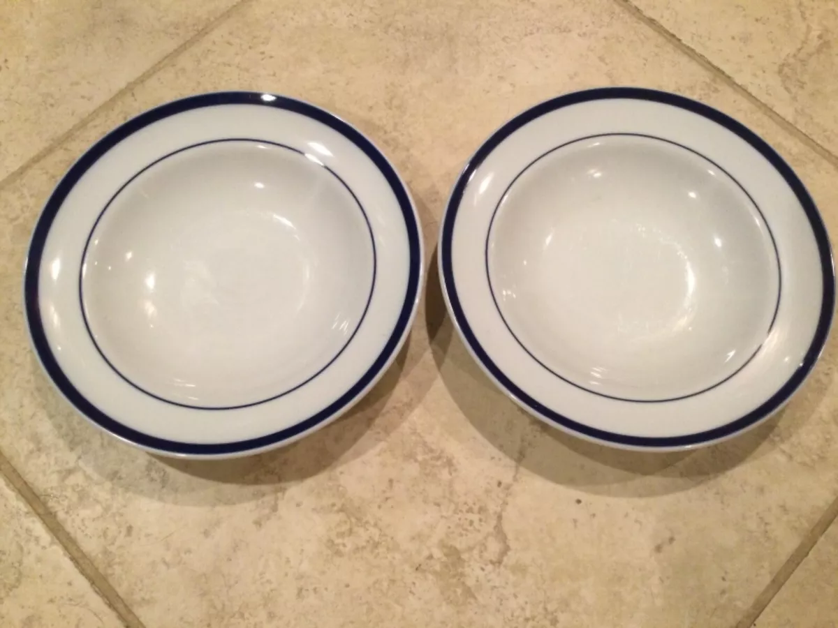 2 William-Sonoma BRASSERIE BLUE 10oz Rimmed Soup 9 Bowl Japan White  Porcelain