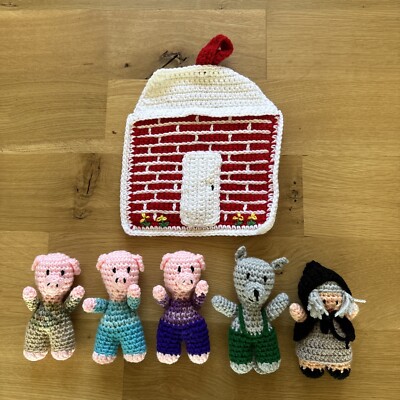 Three Little Pigs Crochet Characters Handmade Wolf House Grandma Fairy Tale Play