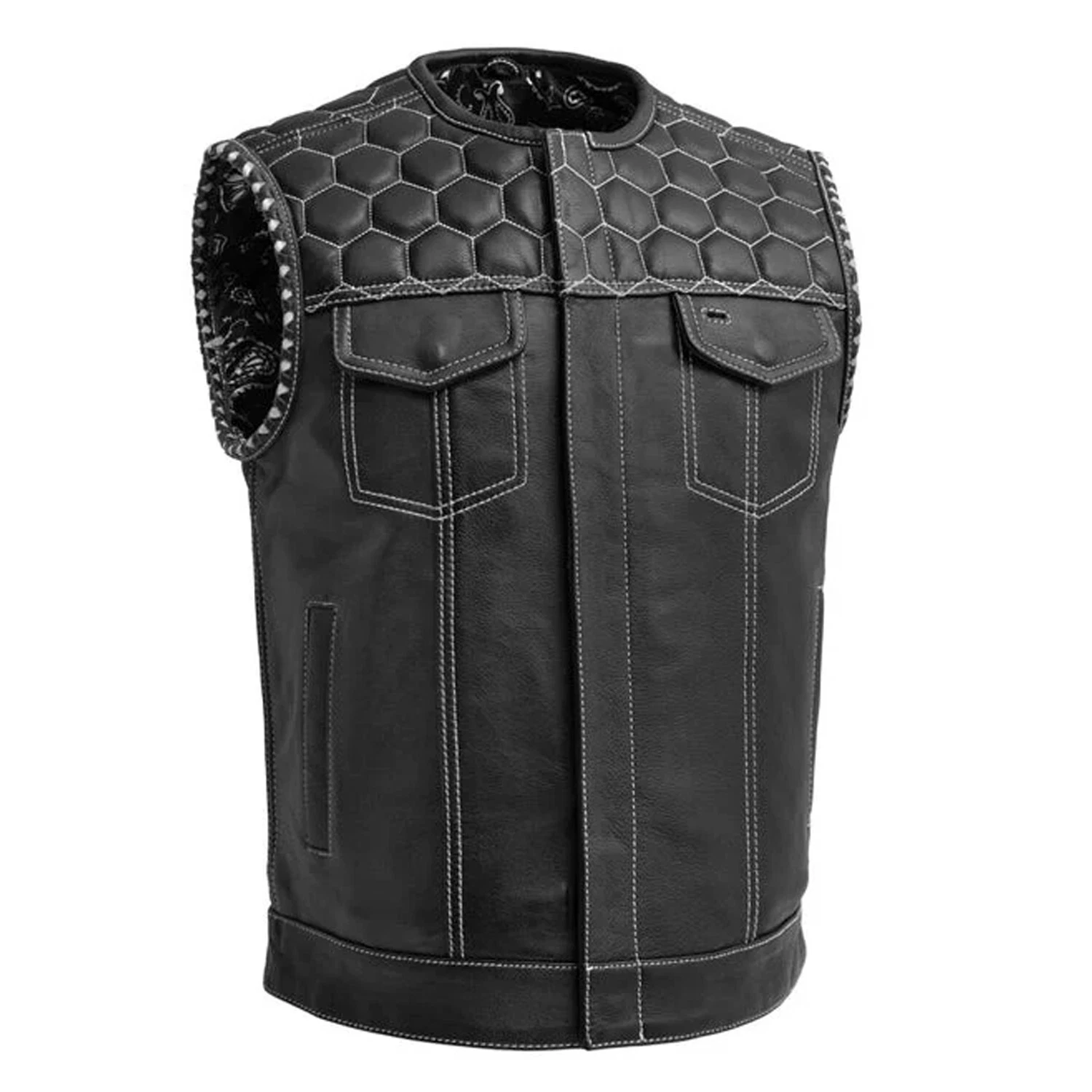 Men Leather Vest White paisley lining & White Thread Concealed Waistcoat - VEST