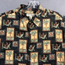 Tori Richard Hawaiian Shirt Mens Large Cotton Lawn Black Beige Made in USA Aloha