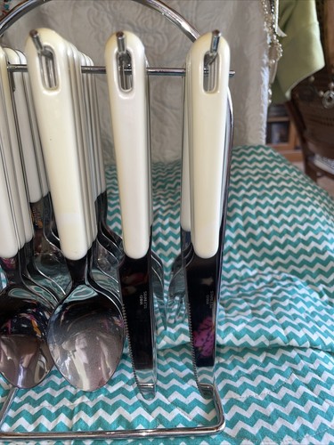 Vt Stainless China Flatware Set with Hanging Rack White 24 pc Some yellowing - Picture 5 of 6