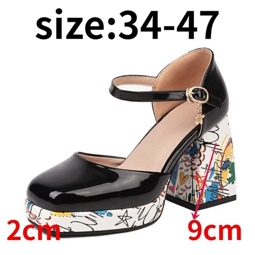 Sandali donna tacco a blocco scarpe stampa plateau punta quadrata moda coreana - Foto 20 di 23