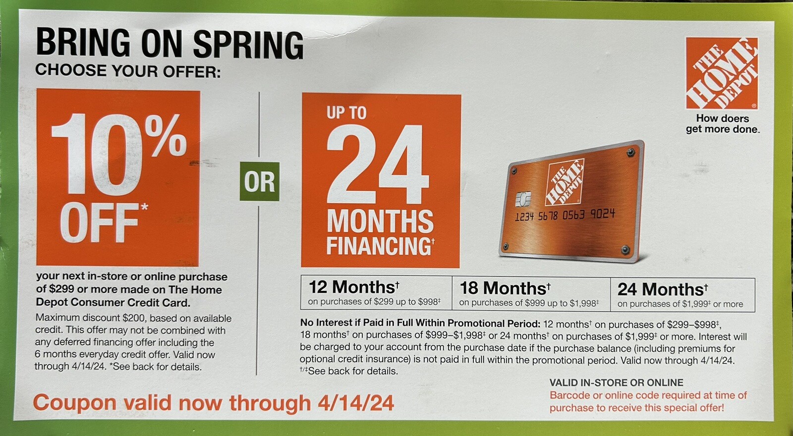 Home Depot Coupon 10 Off or up to 24 Months No Interest 04/14/2024