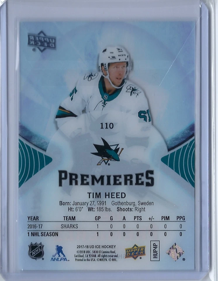 2017-18 Upper Deck Ice Premieres Tim Heed Rookie 1095/1299 San Jose Sharks #110 - Image 2 of 2