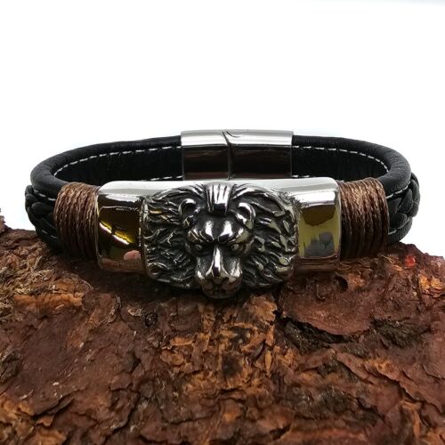 Lederarmband für Herren | flaches Armband mit Löwe | Magnetverschluss | Schwarz - Bild 6 von 9