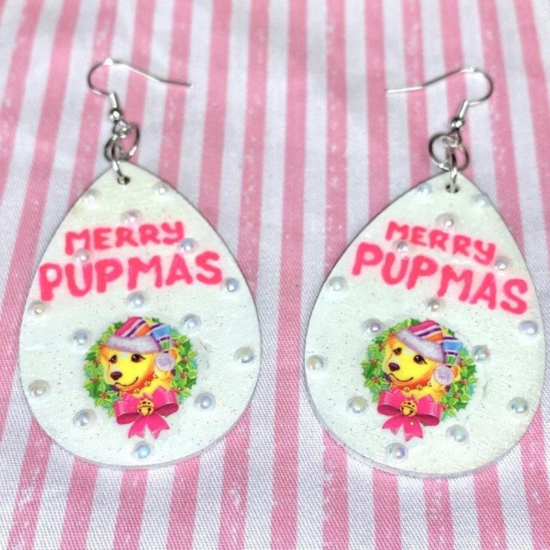 Hand made Kawaii Puppy Lisa Frank Inspired sticker Christmas Painted earrings