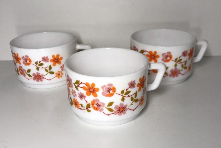 Lote De Tazas Vintage Arcopal Francia D 7,5 Cm Flores Naranjas