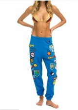 Aviator Nation Womens Vintage Patch Sweatpants Ocean Blue Sz Small