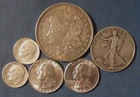 LOT 6 US SILVER COINS 1921 MORGAN SILVER DOLLAR 1945 D HALF $ 2 QUARTERS ETC