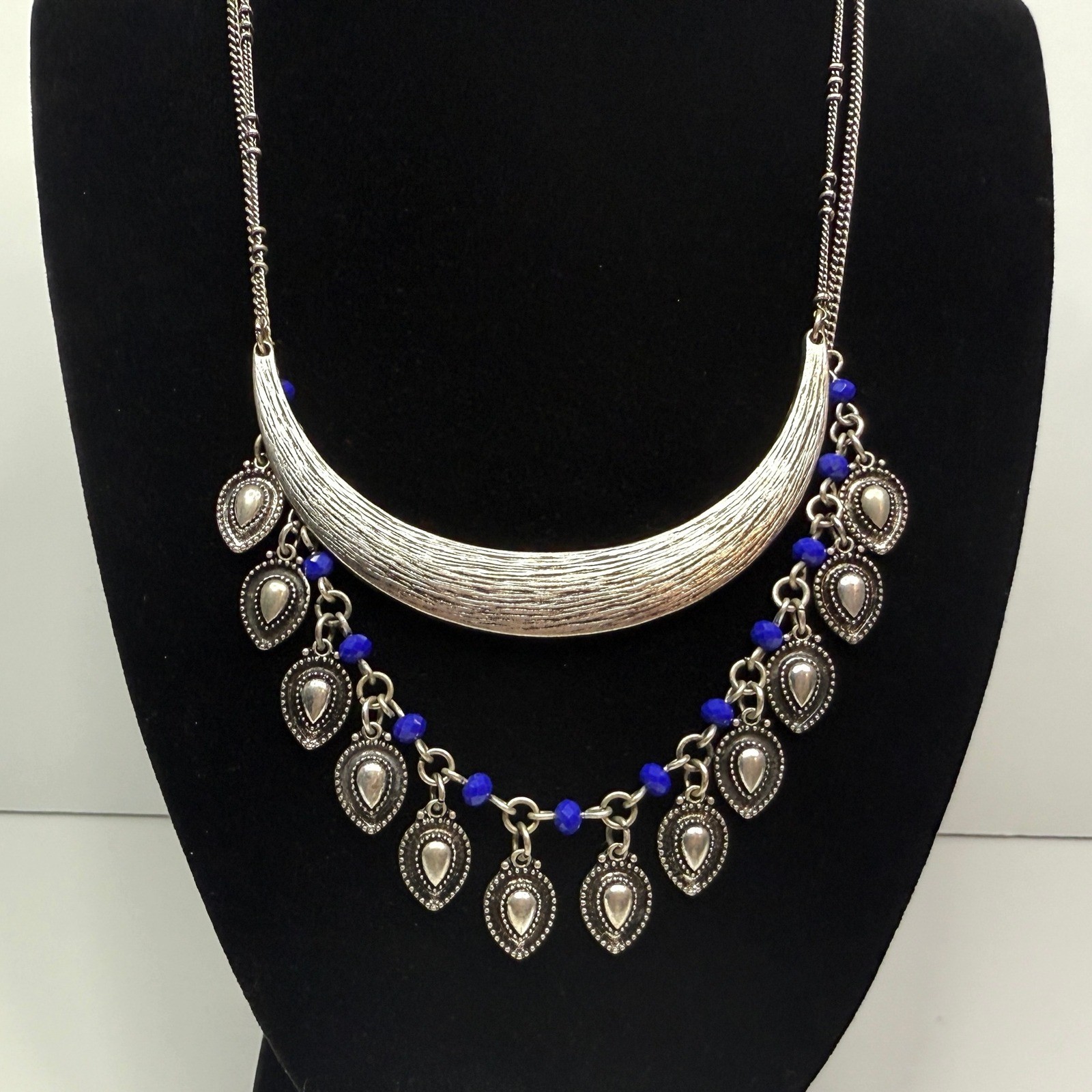 Crescent Charm Statement Bib Necklace Silver Tone… - image 6