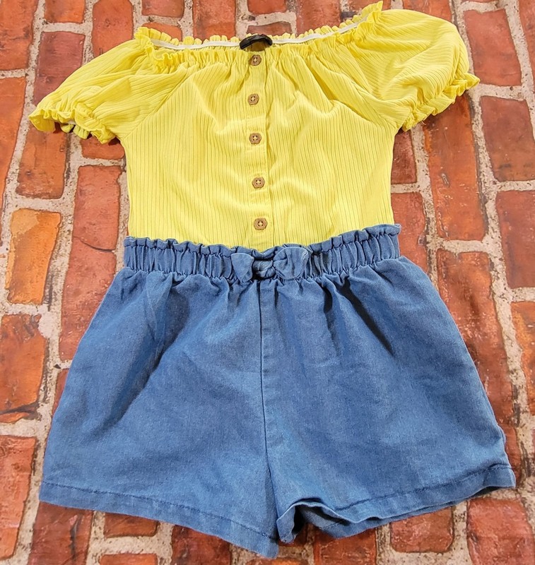 Picapino Girls Yellow Blue Romper Sz 5 Summer One Pc