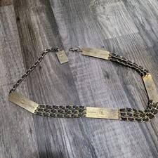 CHANEL Vintage Rue Cambon triple row chain link and black leather belt