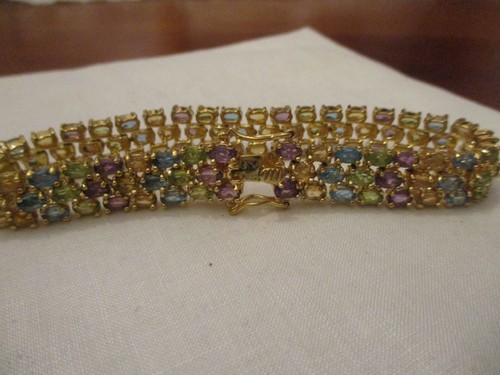 Vtg sterling silver gold vermeil multicolor 3 row gemstone tennis bracelet, 8" - Picture 7 of 8