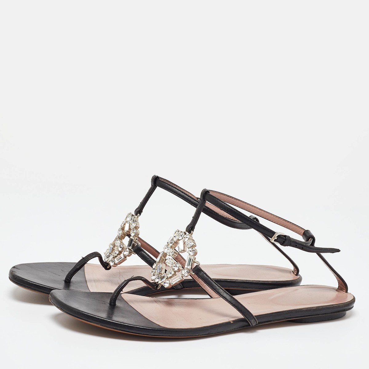 Gucci Black Leather Crystal Embellished GG Thong Flat