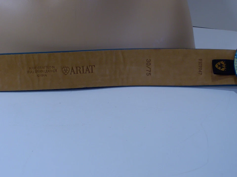 Ariat, Hebilla Plateada Artesanal, Estrás, Cinturón Cuero Azul/Verde.  Foto 4 de 4