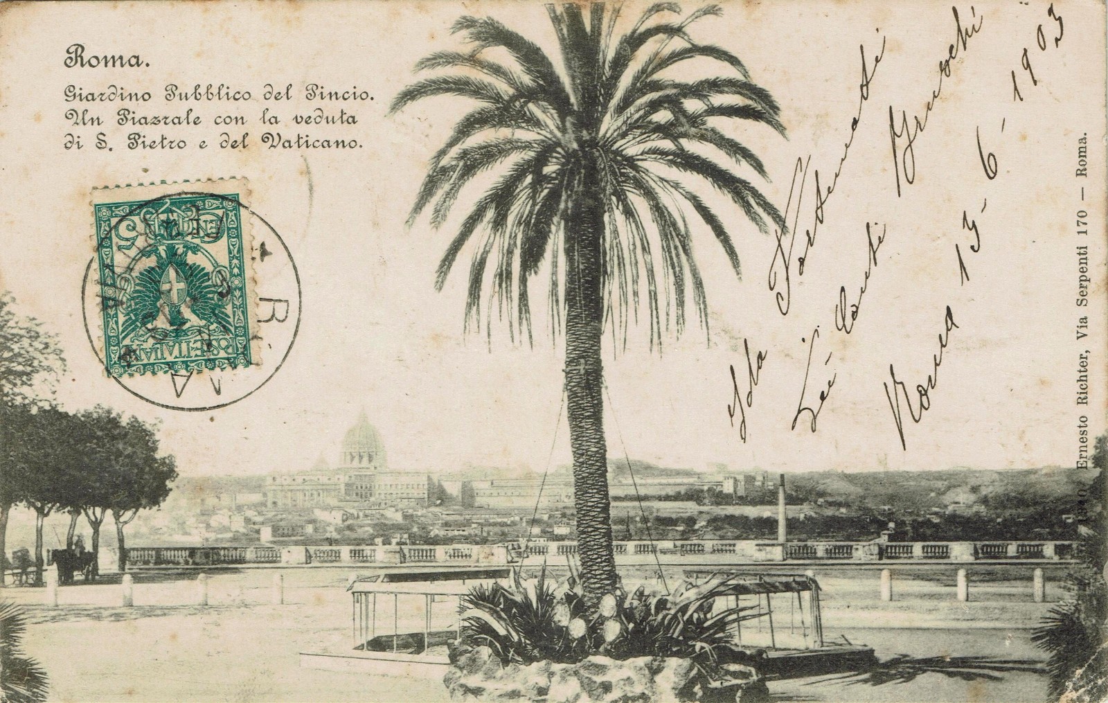 ROMA - Giardino Pubblico del Pincio - VIAGGIATA NEL 1903 - Rif. 1715 PI