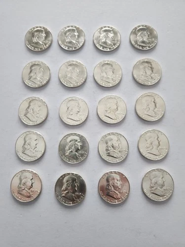 1963D Franklin Half Dollars Brilliant Uncirculated - Roll of 20 - 90 % Silver