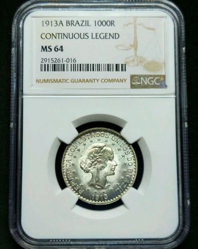 1000 1913 A Berlin Réis Liberty Republic of the United States of Brazil MS64 NGC