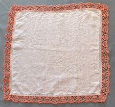Vintage Soft White Linen Handkerchief Hankie Crochet Edge Of Peachy Orange