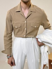 Men Cotton Linen Cuban Collar Shirts Vintage Formal Long Sleeve Shirt Casual Top