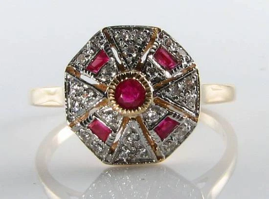 Anillo Art Deco Cocktail 9K 9CT Oro Rosa Rubí y Diamantes Cluster Ajuste Gratis