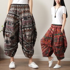 Women Wide Leg Trousers Ethnic Cotton Linen Bloomers Floral Print Baggy Pants