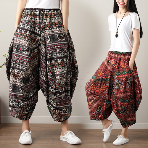 Women Wide Leg Trousers Ethnic Cotton Linen Bloomers Floral Print Baggy Pants - Picture 2 of 21